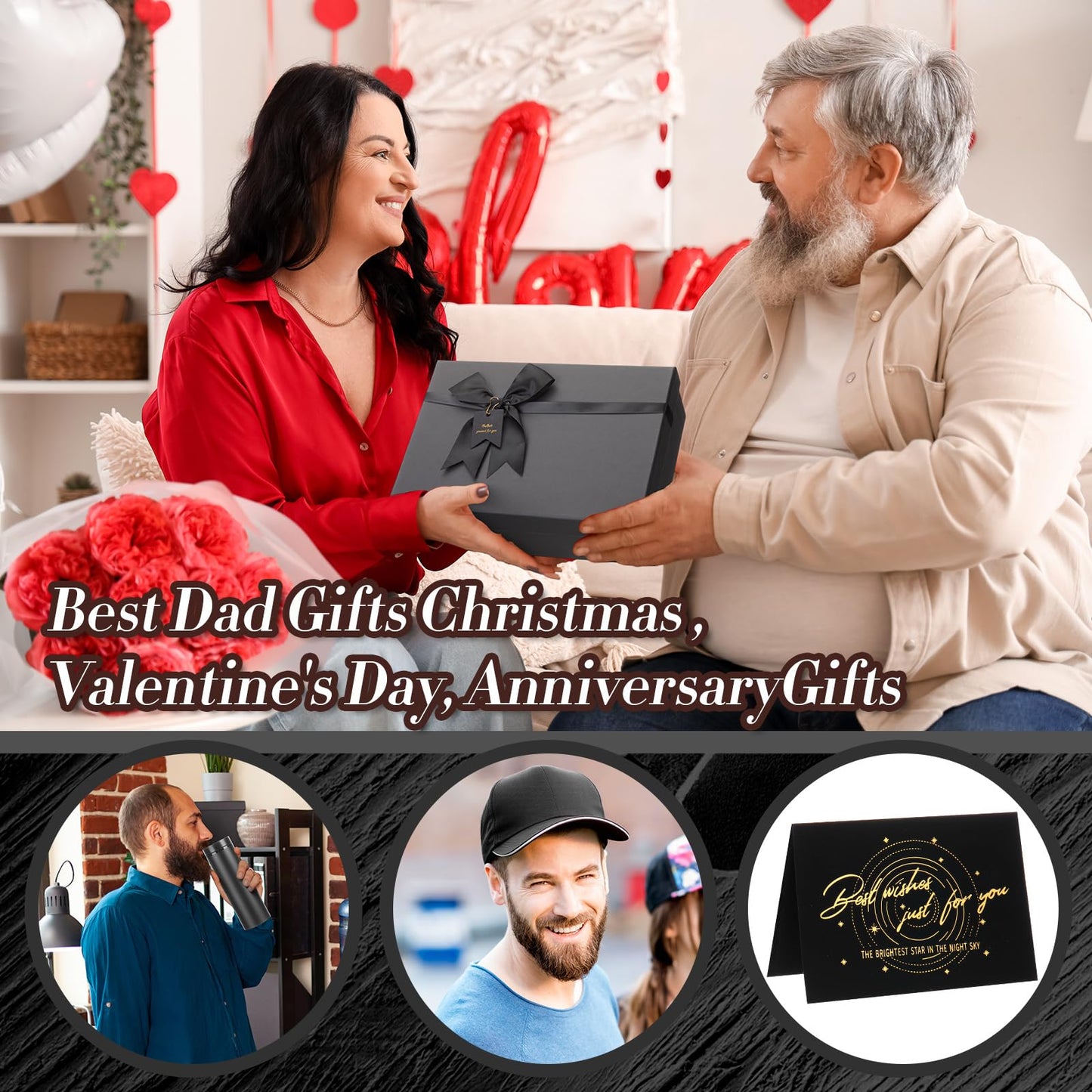AmazingSpark 2 Pcs Birthdays Gift Baskets for Men Box 16 oz Tumbler Wallet Eye Mask PU Leather Belt Tie Keychain Pen Journal Hat Card Set for Dad Husband Brother(Bow Gift Box)