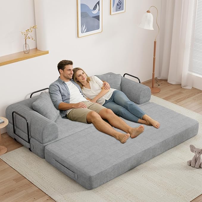 77" Convertible Sofa Bed, Modular Folding Futon Corduroy Floor Foam Compressed Loveseat Sleeper Sofa Couch, Pull Out Queen Size Couch Bed with 2 Pillows for Living Room Guest Room Studio, Light Grey