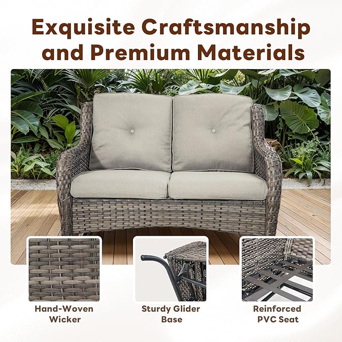Belord 5 Piece Outdoor Patio Furniture Set - Outdoor Conversation Couch and Loveseat Glider Chair Furniture Set with Rattan Coffee Table for Deck Balcony Poolside Gray Wicker/Grey Cushions