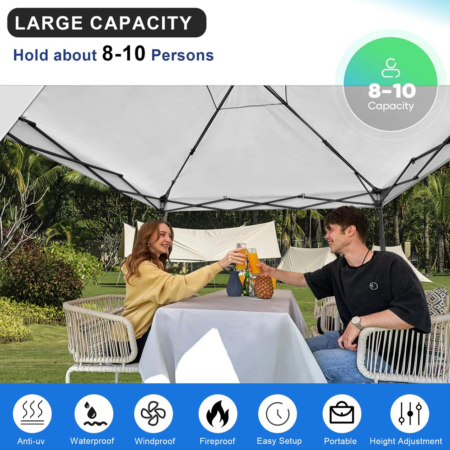 KAMPKEEPER 10x10 Pop Up Canopy Tent with 2 Sidewalls, Beach Tent - Easy Outdoor Sun Shade for Events, Parties, Camping - Gazebo with 4 Weight Bags & Carry Bag.（White）