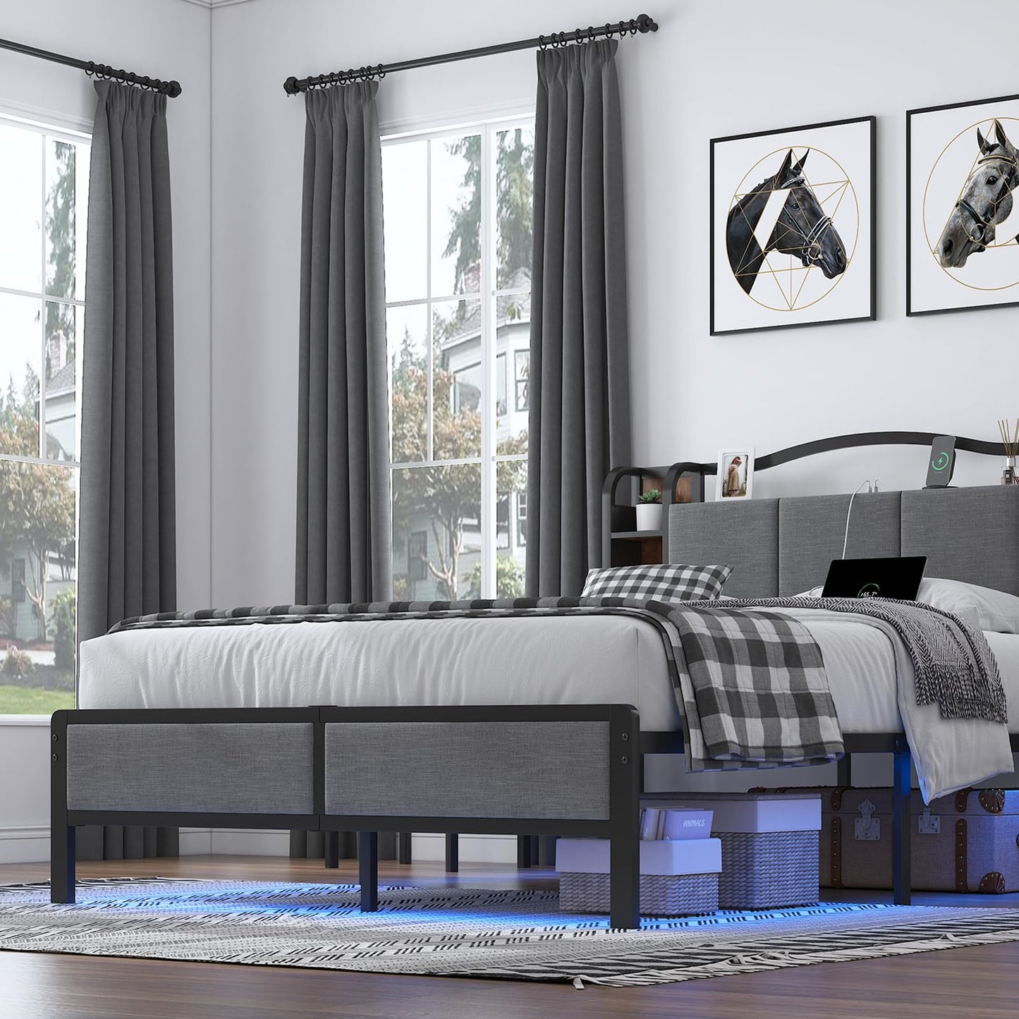 AROMUSTIME Queen Size Bed Frame with Upholstered Headboard & Footboard, Metal Bed Frame with LED Lights & Charging Station, No Box Spring Needed, Noise-Free Easy Assembly, Large Under Bed Storage