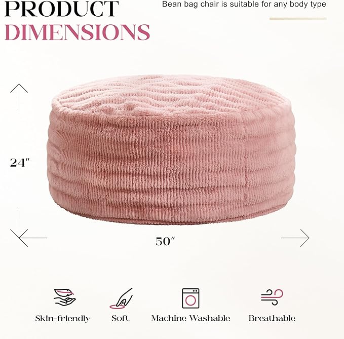 Hobestluk Bean Bag Chairs Beanbag Chair with Filler Adult Bean Bags with Fluffy Ripple Cover, Giant Bean Bag Chairs for Adults (Pink, 5FT - 50" x 50" x 24")