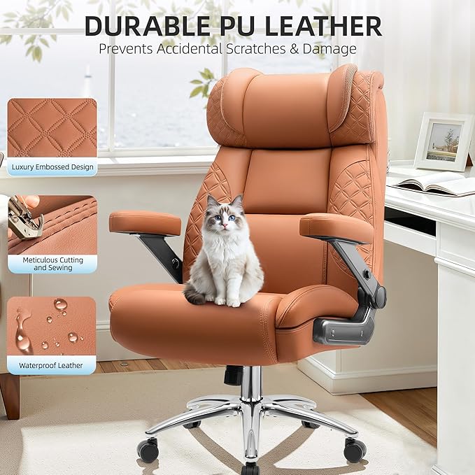 Office Chair, 5D Flip Arm Ergonomic Desk Chair with Adjustable Lumbar Support for Back Pain, Extra Wide 500LBS Comfy Big and Tall Office Chair, Executive Leather Computer Game Chair for Heavy People