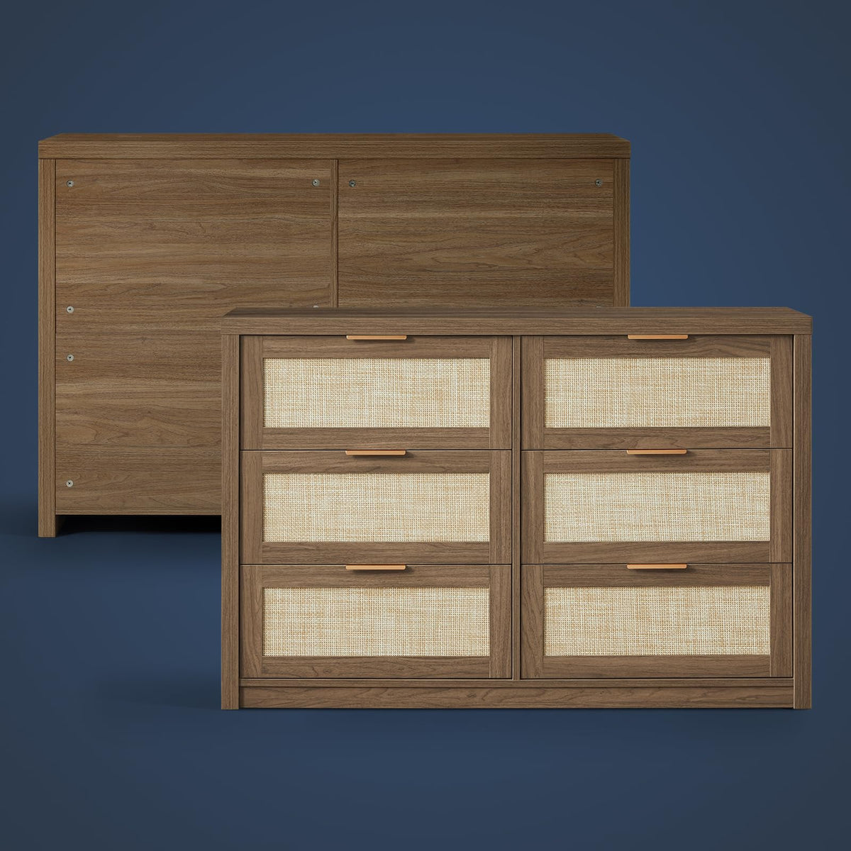 OAKHAM HOME Bedroom Dresser and Nightstand 3 Piece Set, Rattan 1 X 6 Drawer Dresser Boho Chest of Drawers, Night Stand Set of 2 with Type-C Charging Station