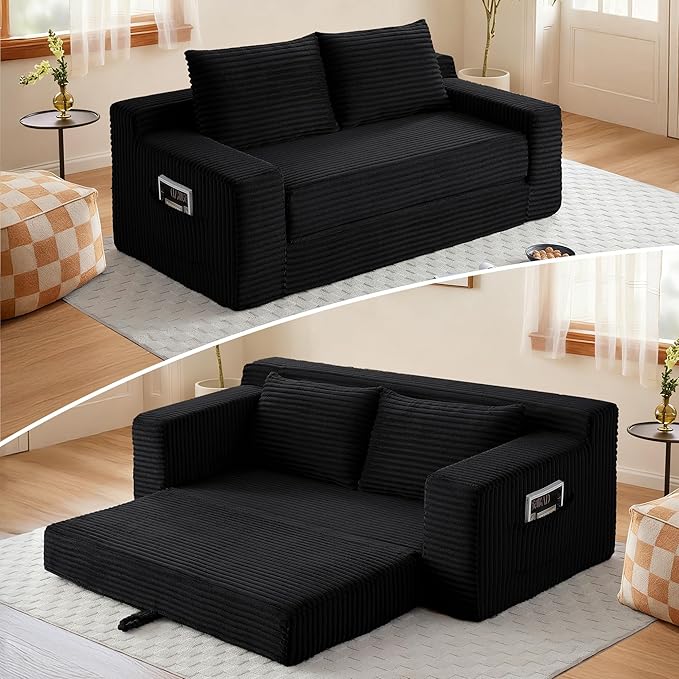 73" Convertible Sofa Bed, 2 in 1 Folding Couch Bed, Boneless Couch in a Box, Cloud Loveseat Sleeper, Fold Out Comfy Floor Futon Sofa with 2 Pillows for Living Room Bedroom, No Assembly (Black, 73")