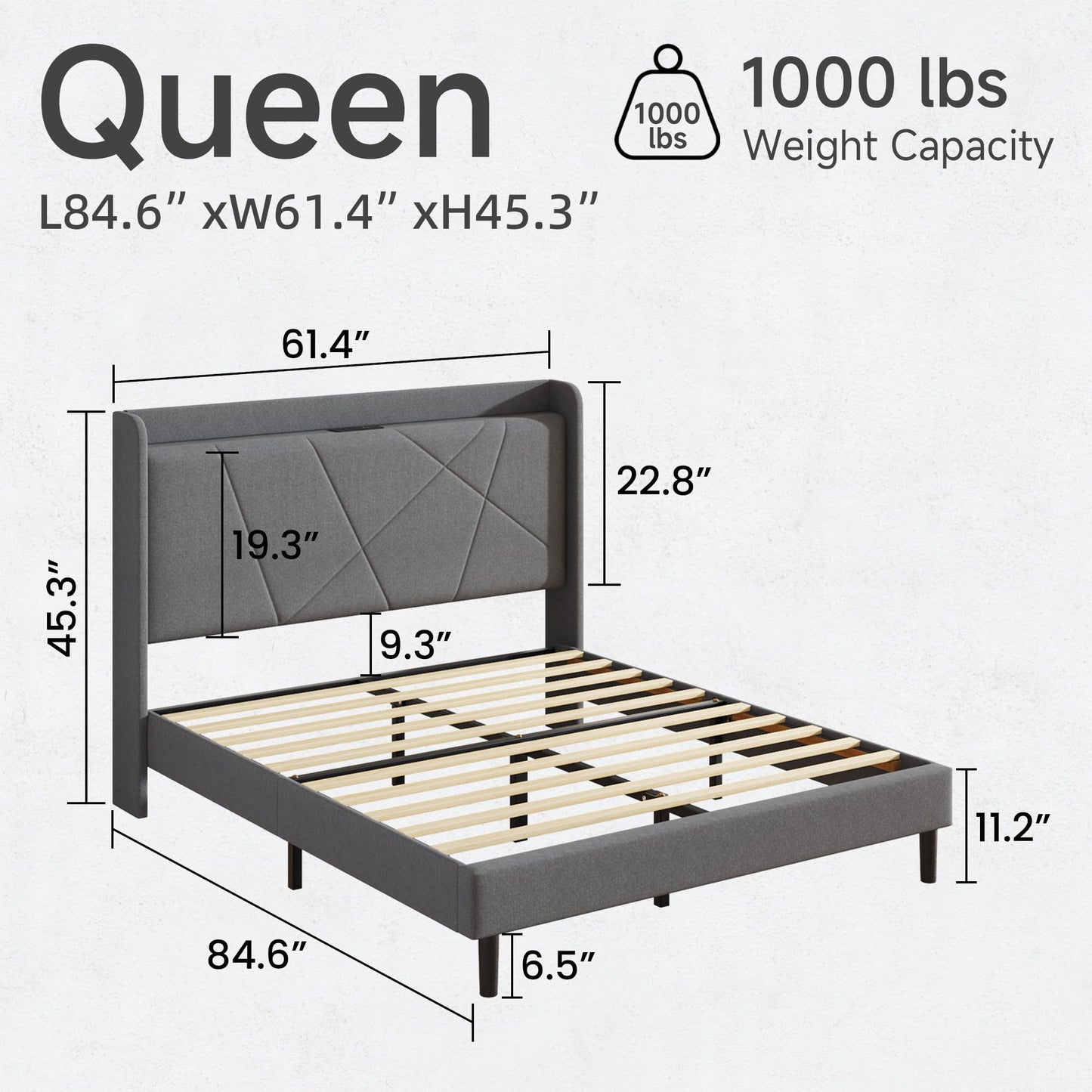 Queen Size Linen Bed Frame, Storage Headboard with Charging Station, Upholstered Platform Bed with Wooden Slats Support, Solid and Stable, Noise Free, No Box Spring Needed, Easy Assembly, Gray