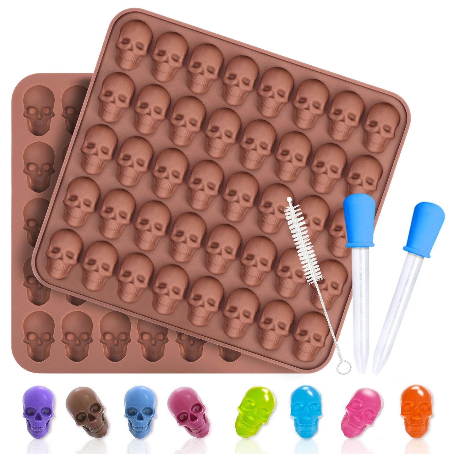 Gummy Skull Silicone Candy Molds, KKDINDAN 2 Pack Mini Skull Molds for Baking with 2 Droppers 1 Brush, 40 Cavity Non-Stick for Chocolate, Candy, Ice Cube, Jelly, Dog Treats, Resin Casting