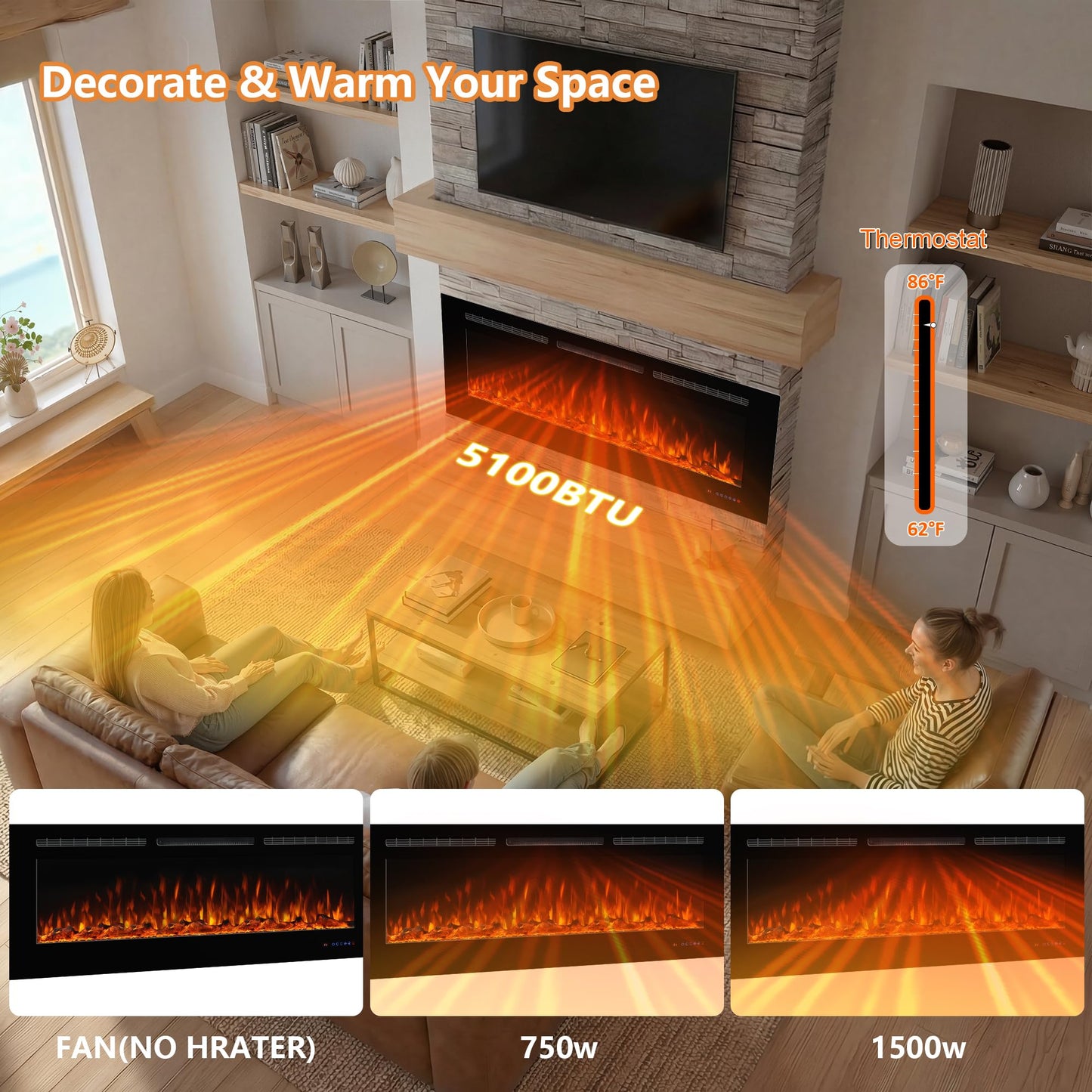 Dreamflame Electric Fireplace 36inches, Wall-Mounted & Recessed Fireplace Inserts, Multicolor Flame w/5 Dimmer, Remote Control Thermostat, Timer, Overheating Protection, Hardwire Connect, 1500W,Black