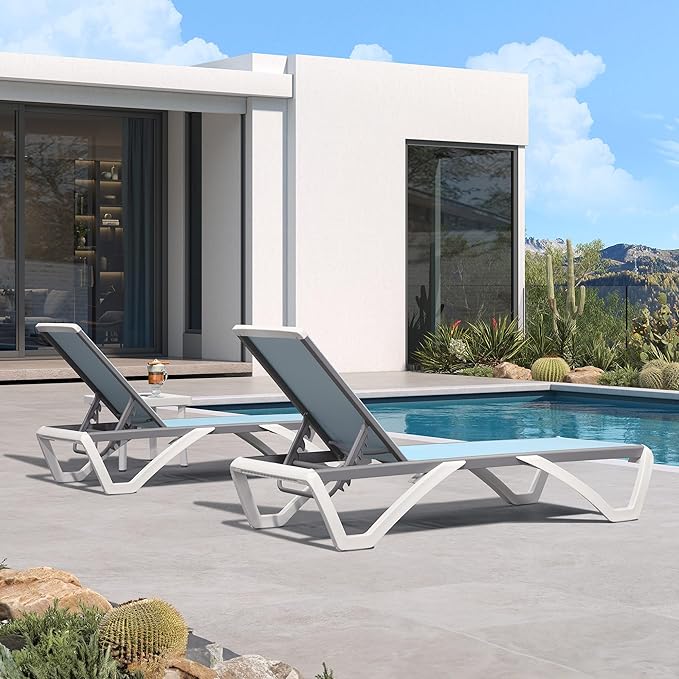 PURPLE LEAF Patio Chaise Lounge Chair Set of 3 Outside Aluminum Plastic Stackable Tanning Chairs for Pool Sunbathing Beach Deck Outdoor Lounger, Light Blue