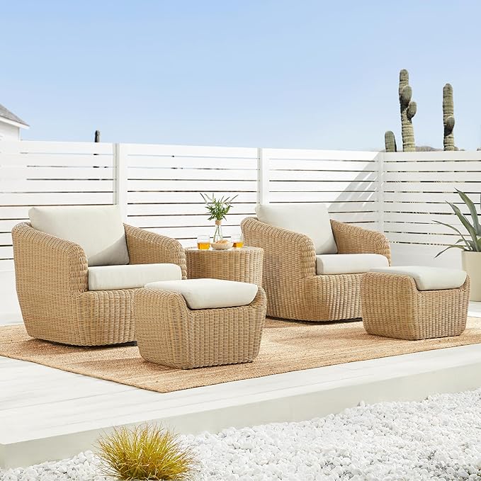 CHITA 5 Pieces Patio Wicker Furniture Set, Outdoor Rattan Bistro Set with Removable Thickened Cushions, Fully Assembled(Beige Cushions with Light Brown Wicker)