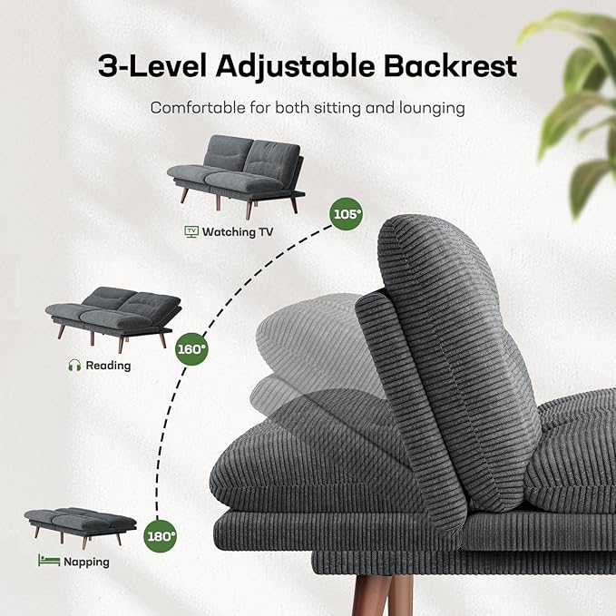 Marsail Futon Sofa Bed, 66.1” Futon Couch with Adjustable Backrest & Armrests, Convertible Small Sleeper Sofa Bed for Small Apartments, Study Room, Office, Corduroy Loveseat, Grey