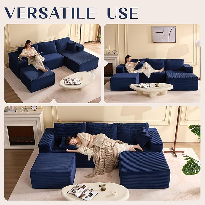 Afuson 107" Boneless Couch with Deep Seat, Modular Sectional Sofa, Cloud Sectional Couch for Living Room, No Assembly Required, Corduroy, U-Shape 3 Seater Right, Blue