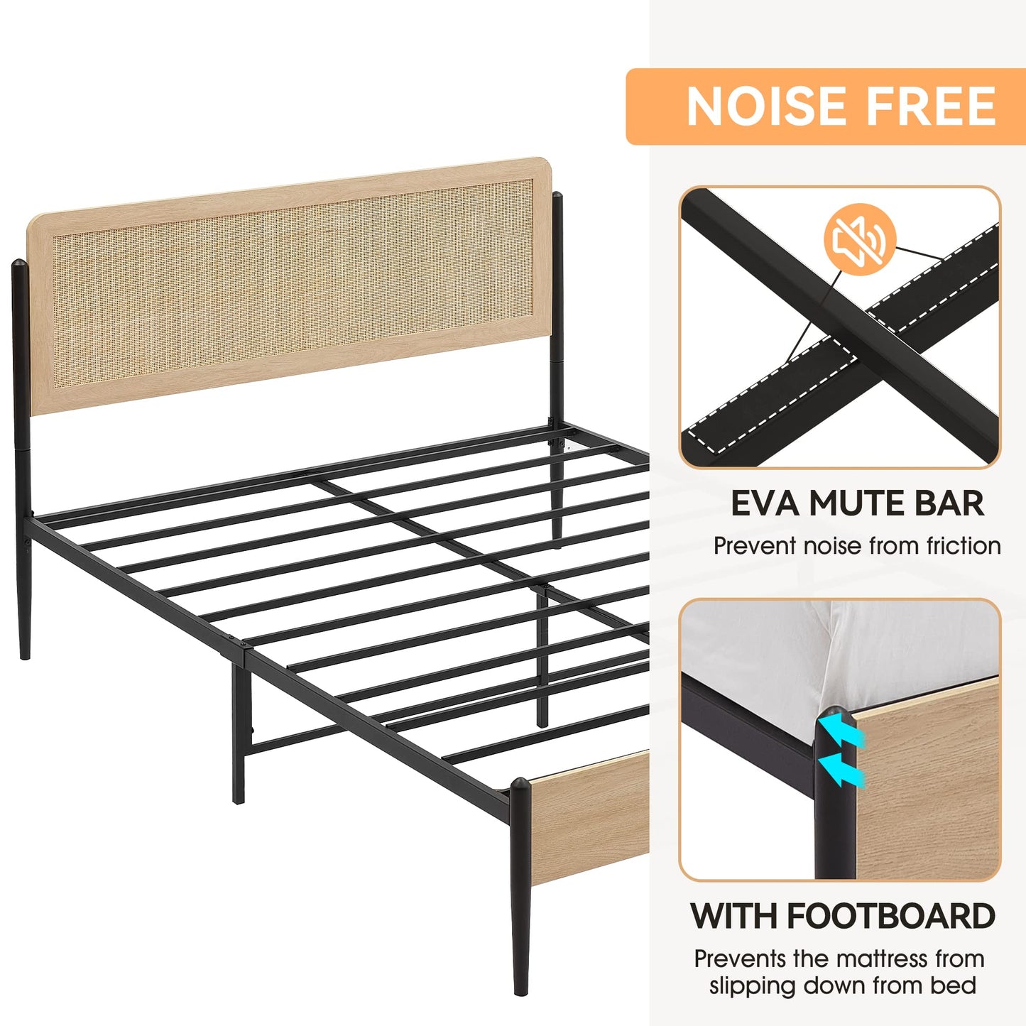 GarveeHome Full Size Boho Bed Frame with Natural Rattan Headboard & Solid Wood Footboard - Under Bed Storage Space, Quiet Noise-Free Design, No Box Spring Needed,Oak