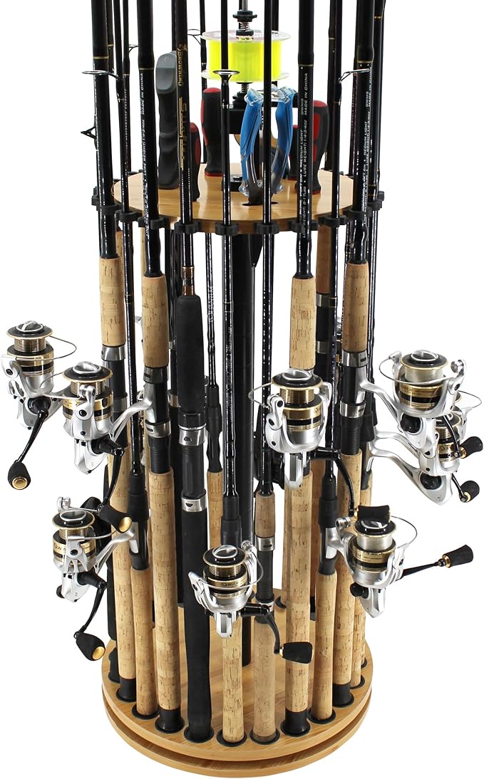 Rush Creek Creations 24-Rod Round Spinning Fishing Pole Holder with Built-in Line Spooler, 360° Access Fishing Rod Holder ...
