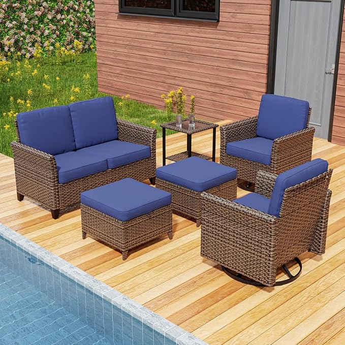 COOS BAY Harbor Retreat 6 Piece Outdoor Furniture Set, Patio Conversation Set with Swivel Rocking Chairs, 2 Seat Loveseat, Side Table and Ottomans, Wicker Furniture, Brown/Blue