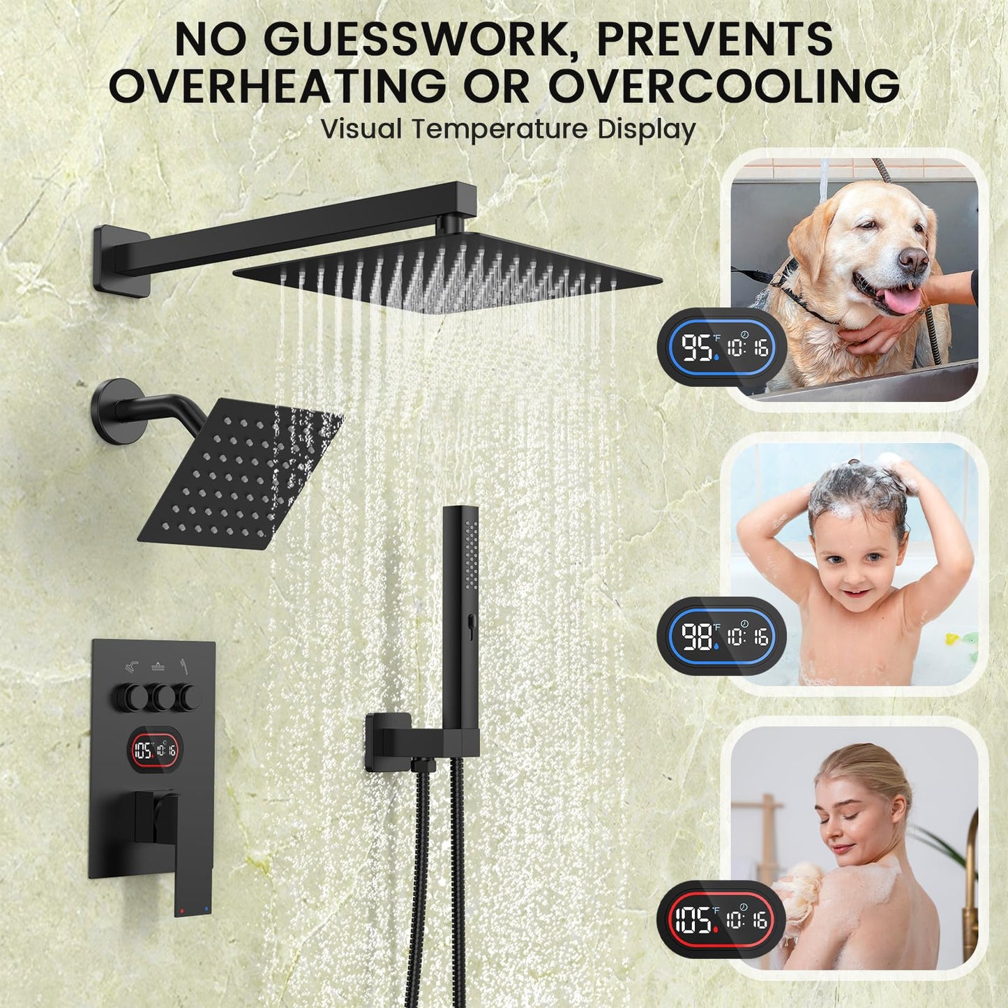 Push Button Diverter Shower Faucet Set Hydro Power Temperature Display, Shower System Wall Mounted 10" & 6" Shower Head with 3-Spary Handheld, Shower Fixtures with Valve and Trim Kit, Matte Black