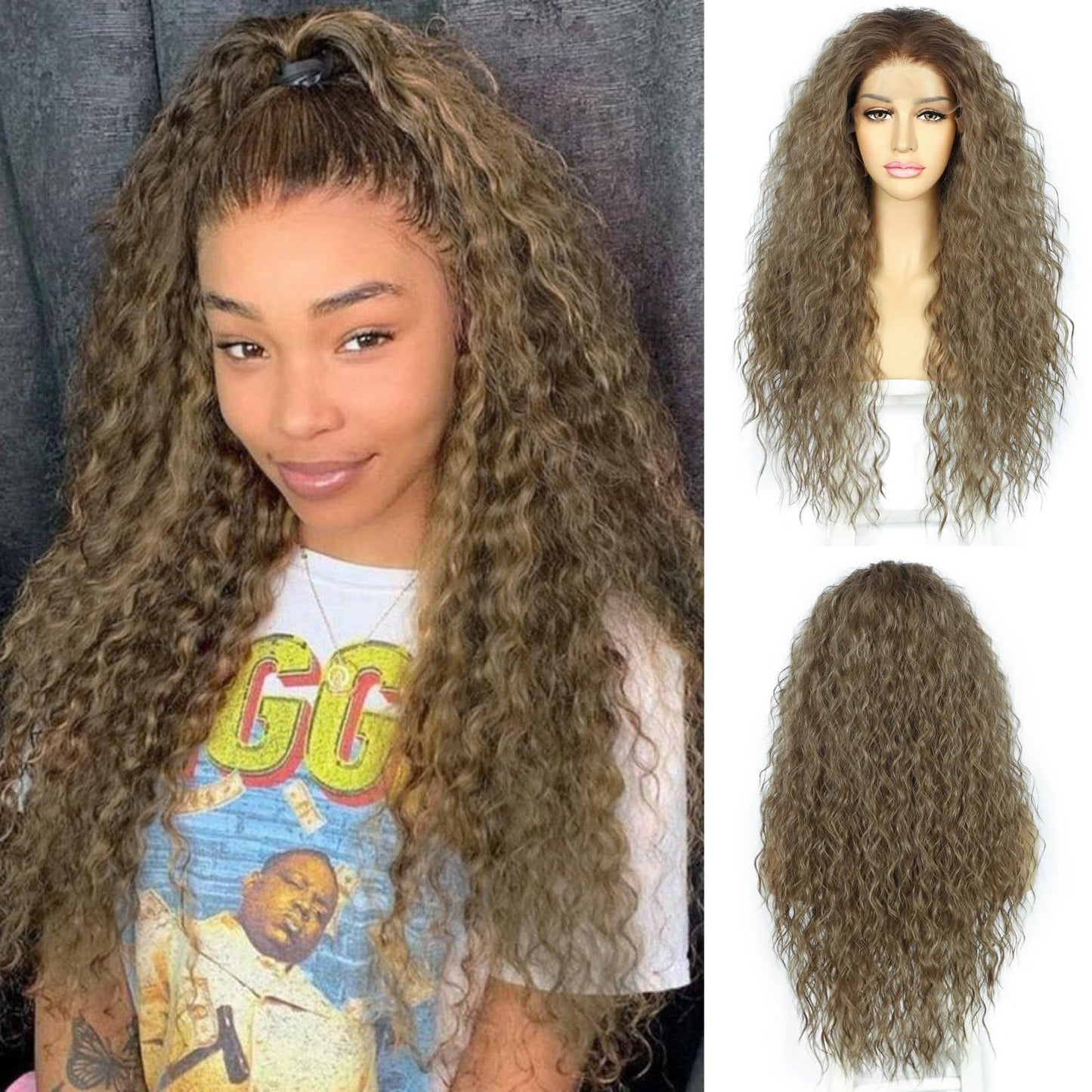 SAPPHIREWIGS Curly Lace Front Wigs For Black Women Long Loose Deep Curly Grayish Brown Heat Resistant Pre Plucked Natural Hairli