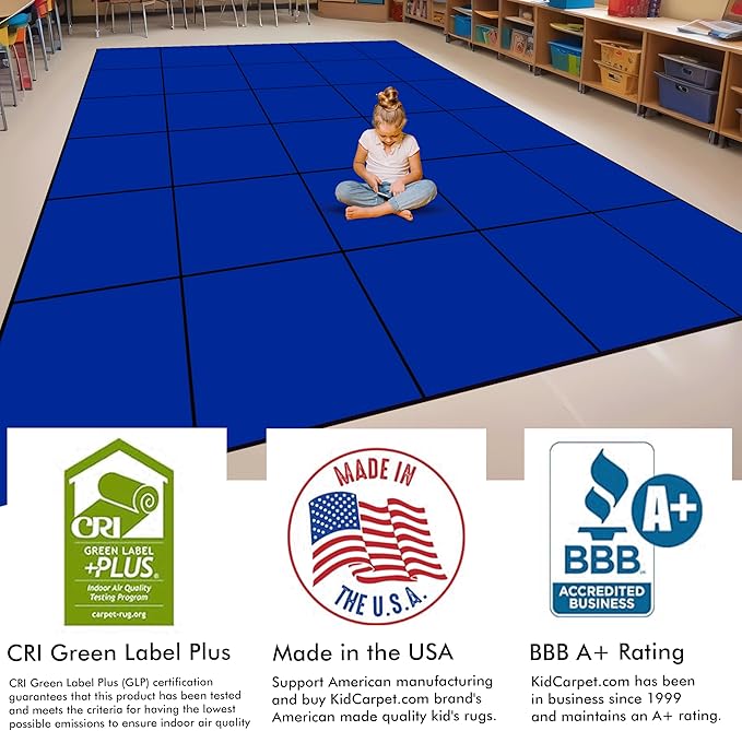 Kids Carpet Blocks Seating Classroom Rug Blue with 24 Squares, 7'6" x 12' Rectangle Educational Rug for Home or School Learning Area | Area Rug for Kids