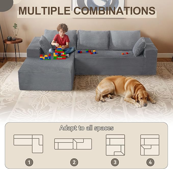 UMBFUN 110" Cloud Sectional Couch for Living Room, Boneless Couch with L-Shape Chaise, Modular Sectional Sofa with Deep Seat, Oversized Modular Sofa for Bedroom, No Assembly Required, Corduroy