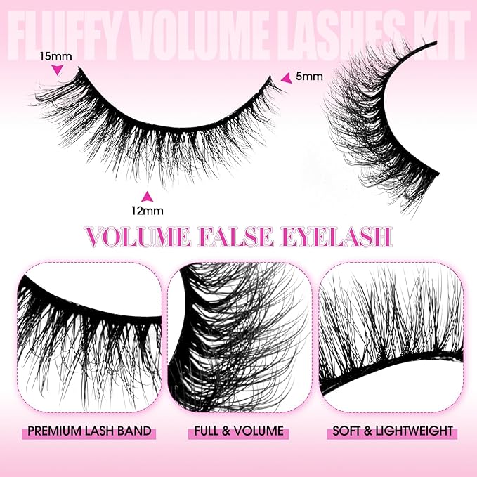 FADLASH False Eyelashes Kit 10 Pairs Cat Eye Lashes Mink Lashes Wispy with Lash Bond and Seal and Tweezer Fake Eyelashes Natural Look Handmade Eyelashes Fake Lashes Strips (XH03 Kit)