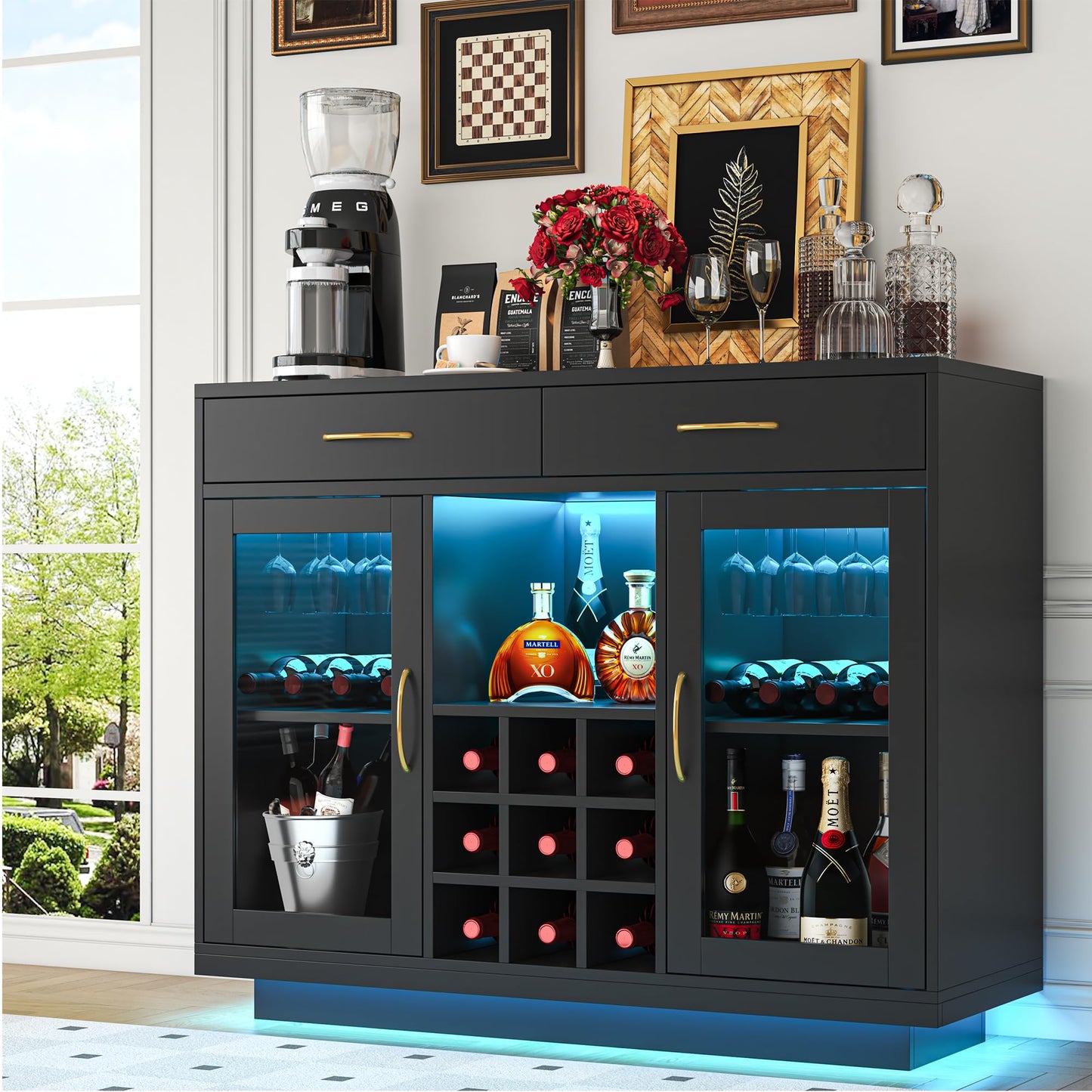 knoworld Wine Bar Cabinet with LED Lights, Coffee Bar Cabinet with Wine and Glass Rack, Black Bar Cabinet Liquor Cabinet, Kitchen Buffet Sideboard with Storage for Living Room, Dining Room