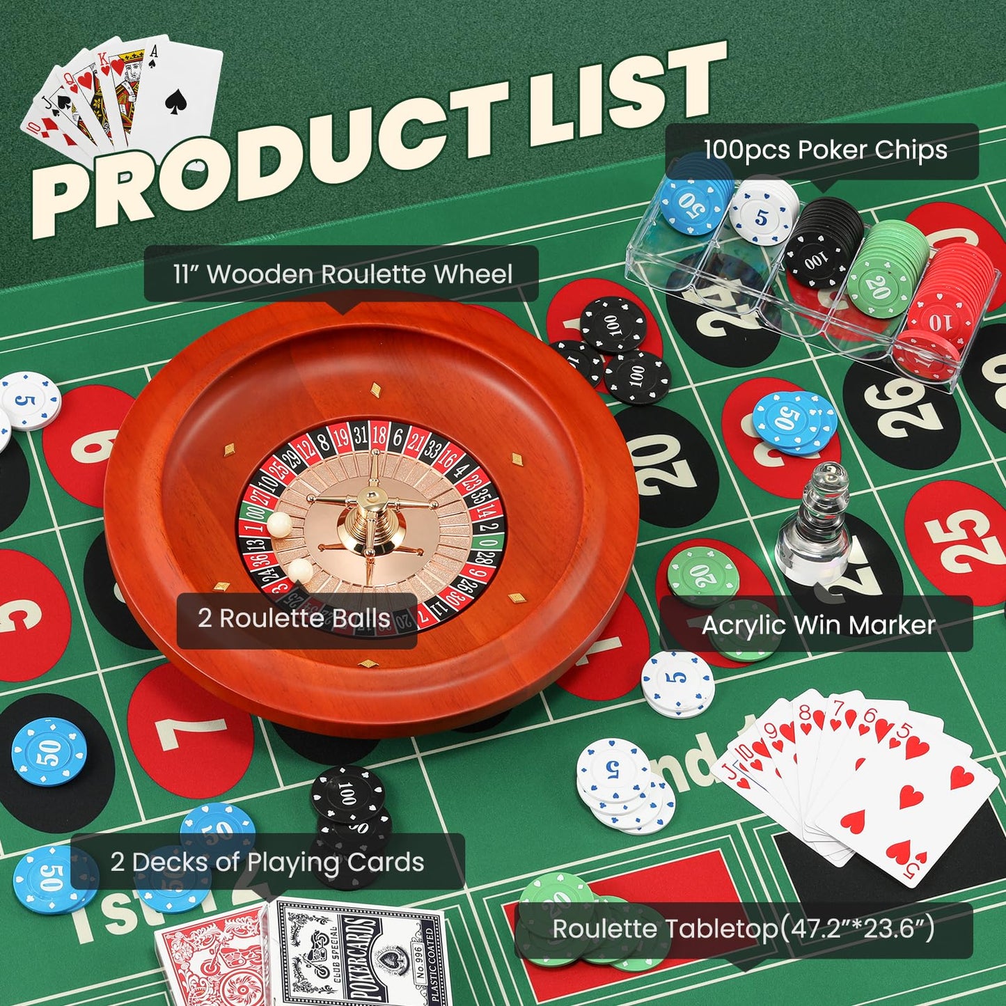 NEWTRY Roulette Wheel Set with 11” Roulette Wheel, Rubber Tabletop Layout Mat (47.2 x 23.6”), Poker Chips (100 pcs), Winner Marker, Playing Cards (2 Deck) Ideal for Party Game Night
