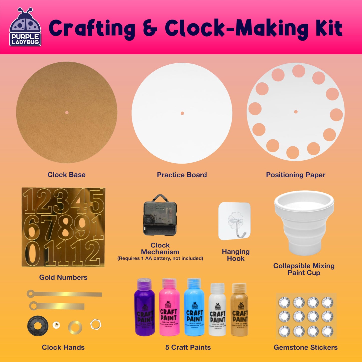PURPLE LADYBUG Paint Pouring DIY Clock Kit - Creative Kids Painting Kit - 6 7 8 9 10 11 12 Year Old Girl Gift Ideas, Birthday Gifts for 8 Year Old Boys & Gifts for Teen Girls - Fun Crafts for Kids 6-8