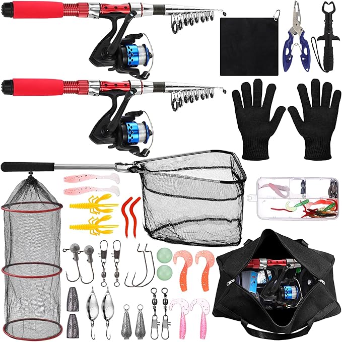 LaRandom 51 Pcs Christmas Fishing Pole Combo 6.89ft Telescopic Rods Set Collapsible Fishing Rods with Plier Lip Gripper Lu...
