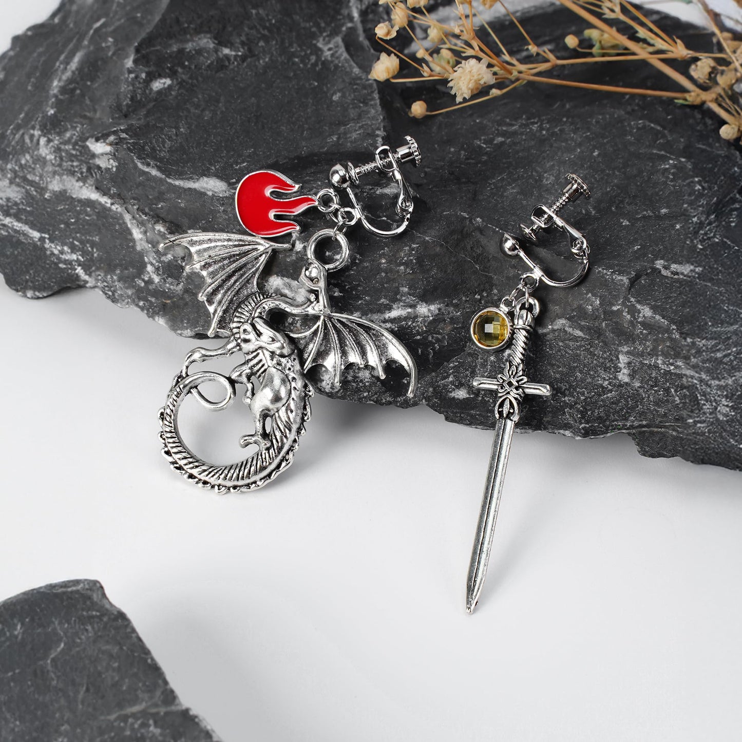 callie Personalized Sword Dragon Earrings - Custom Birthstone, Sterling Silver 925/Brass Gothic Dagger Dangle Earrings, Jewelry Gifts for Women Men