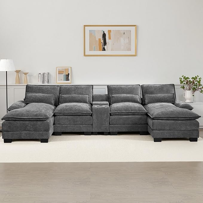 125" U Shaped Cloud Modular Sectional Couch for Living Room, Small Comfy Chenille Sofa with Double Chaise Lounge, Storage Central Console, Cup Holders, USB Port,Grey