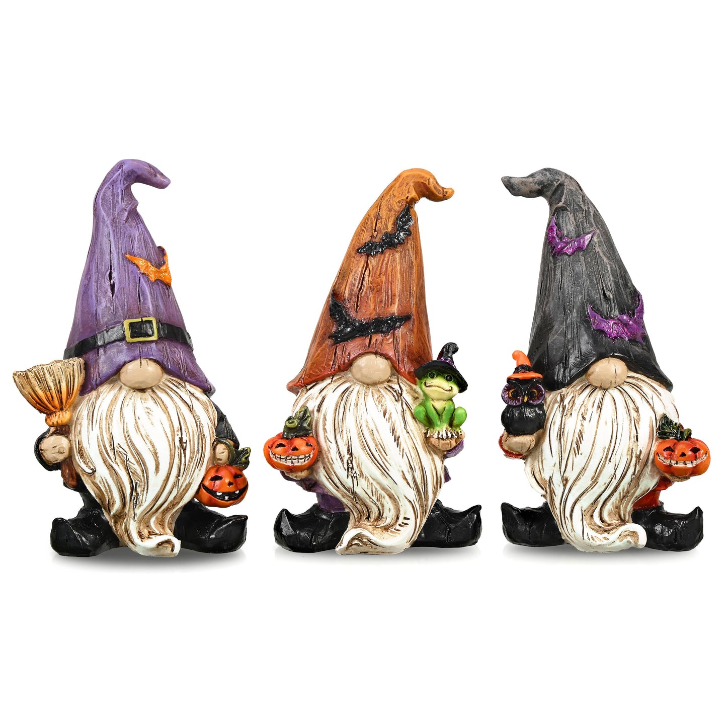 Valery Madelyn Halloween Decorations Indoor, 3 Pcs Resin Halloween Gnomes Decor for Home with Bat Witch Hat, Collectible Figurines Elf Dwarf Broom Jack O Lantern for Table Tiered Tray Outdoor, 3.6''