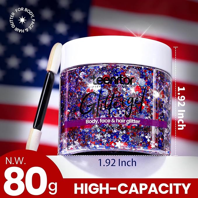 Teenitor 80g Red White and Blue Body Glitter Face Glitter Gel, 4th of July Accessories Hair Glitter for Kids, Fourth of July Outfits for Women, Red White and Blue Face Paint for USA Independence Day