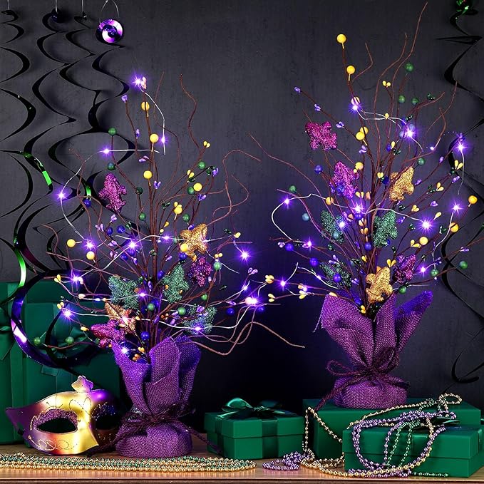 Anglechic 2 Pieces Lighted Mardi Gras Artificial Berry Blossom Table Tree 21 H Shinny Table Centerpiece Tree for Mardi Gra...