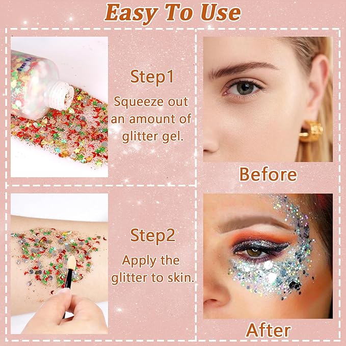 Boko 50ML Body Glitter Gel, Iridescent White Chunky Glitter Gel for Face Hair Body Sparkle Makeup, Mermaid Face Glitter Sequins for 4th of July Independence Day Party Rave Accessories