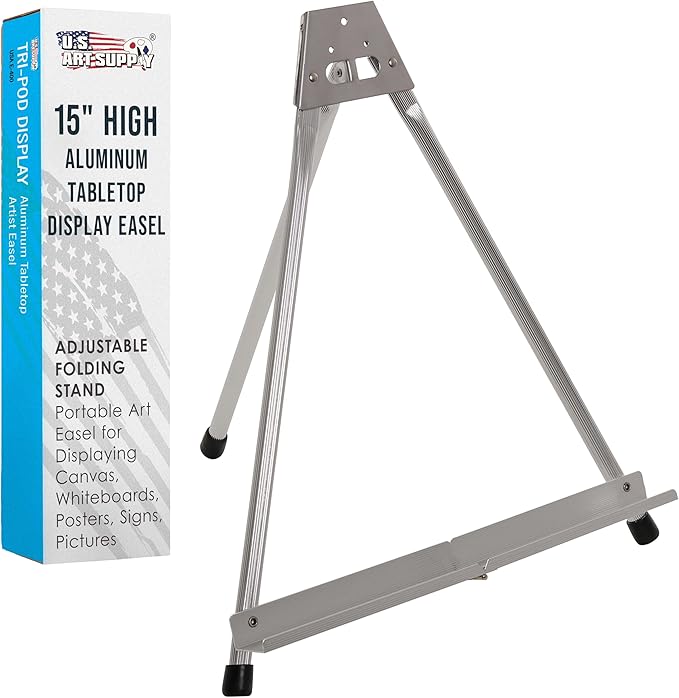 U.S. Art Supply 15" High Aluminum Tabletop Display Easel for Painting, Adjustable Folding Stand - Portable Art Easel for D...