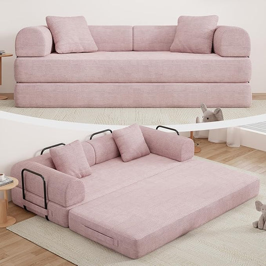 77" Convertible Sofa Bed, Modular Folding Futon Corduroy Floor Foam Compressed Loveseat Sleeper Sofa Couch, Pull Out Queen Size Couch Bed with 2 Pillows for Living Room Guest Room Studio, Pink