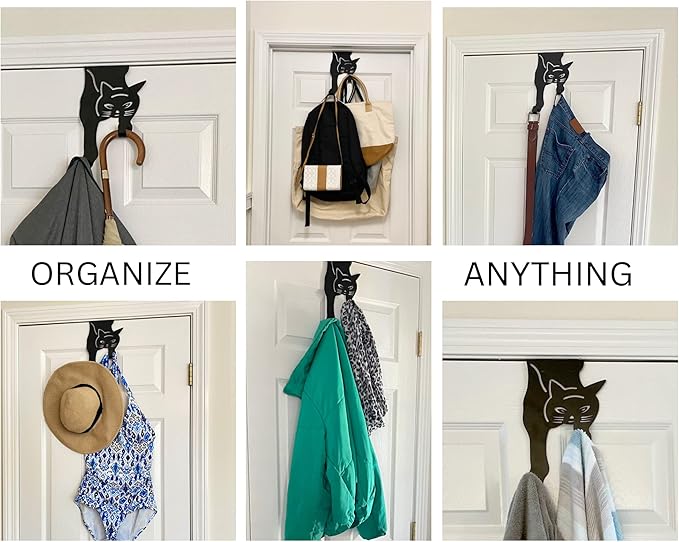 Evelots Cat Over The Door Hooks for Hanging - Black - Over The Door Organizer - Strong Metal Hooks