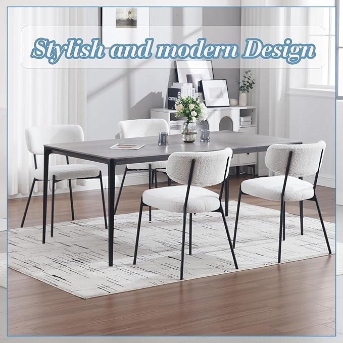 KCC Boucle Dining Chairs Set of 4, Modern Mid-Century Upholstered Stylish Kitchen Chairs Sherpa Accent Diner Chairs with Metal Legs and Curved Back for Kitchen, Dining Room(White)