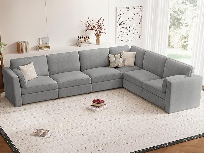 CUGOAO 159'' Modular Sectional Sofa, Oversized L-Shaped Sectional Couch, Deep Seat Chenille Cloud Couch, Removable Cover, Mordern Upholstered Couches for Living Room, Apartment, Office, Grey