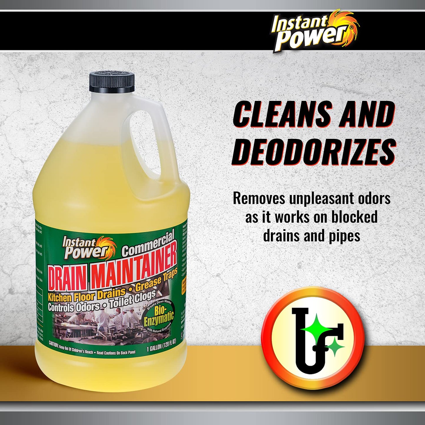 Instant Power Commercial Drain Maintainer - Liquid Enzyme Clog Remover, Cleans and Deodorizes, Reduces Drain Blockages, 1 Gal