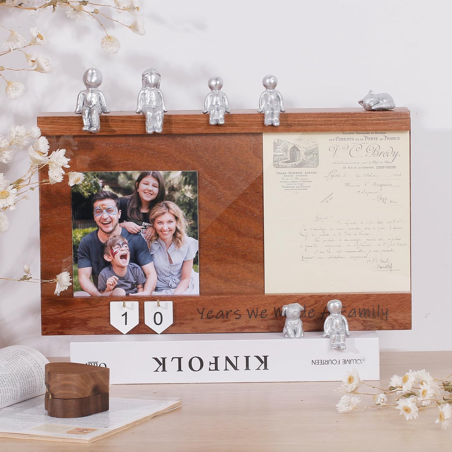 Anniversary Keepsake Box with Family Statue- Wooden Picture Frame for Cherished Keepsakes Storage，Anniversary or Wedding Gifts for Her/He (Walnut)