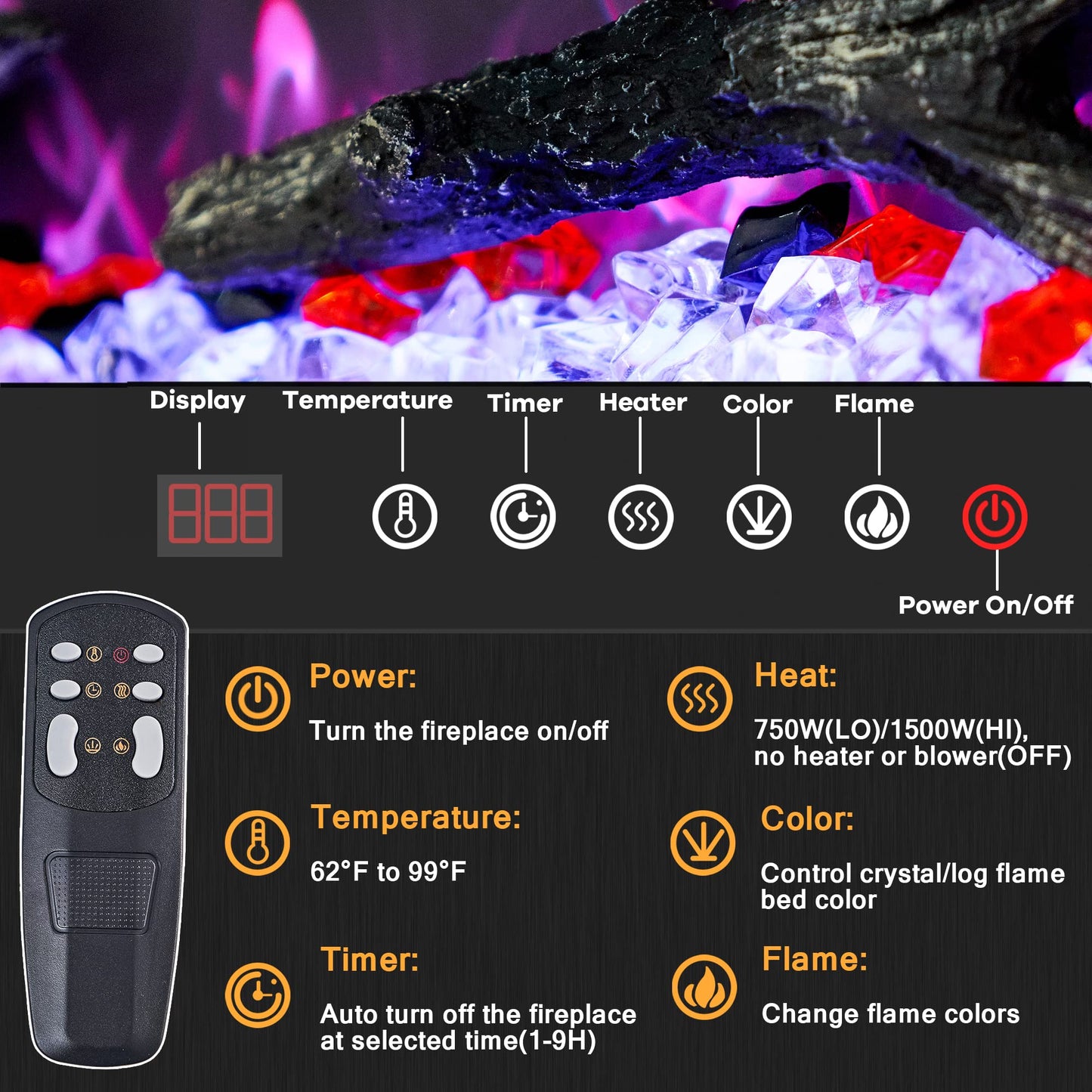Kentsky 65 inches Electric Fireplace Inserts, Recessed and Wall Mounted Fireplace Heater, Linear Fireplace w/Thermostat, Remote & Touch Screen, Multicolor Flame, Timer, Log & Crystal, 750W/1500W