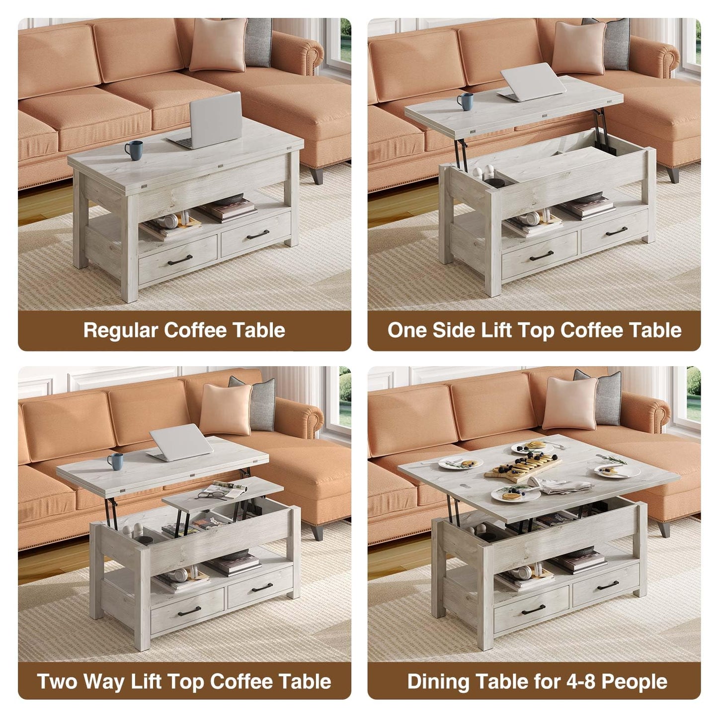 Rolanstar Coffee Table Lift Top, Multi-Function Convertible Coffee Table with Drawers and Hidden Compartment, Converts to Dining Table for Living Room, Home Office,Grey