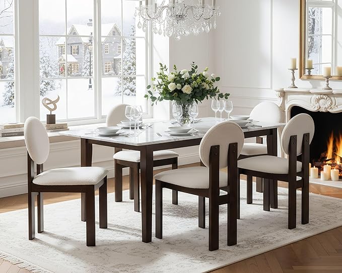Modern Wood Dining Chairs Set of 4, Farmhouse White Boucle Kitchen Chairs with Round Back and Wooden Walnut Legs, Mid-Century Armless Upholstered Accent Chairs for Dining Room/Living Room/Restaurant