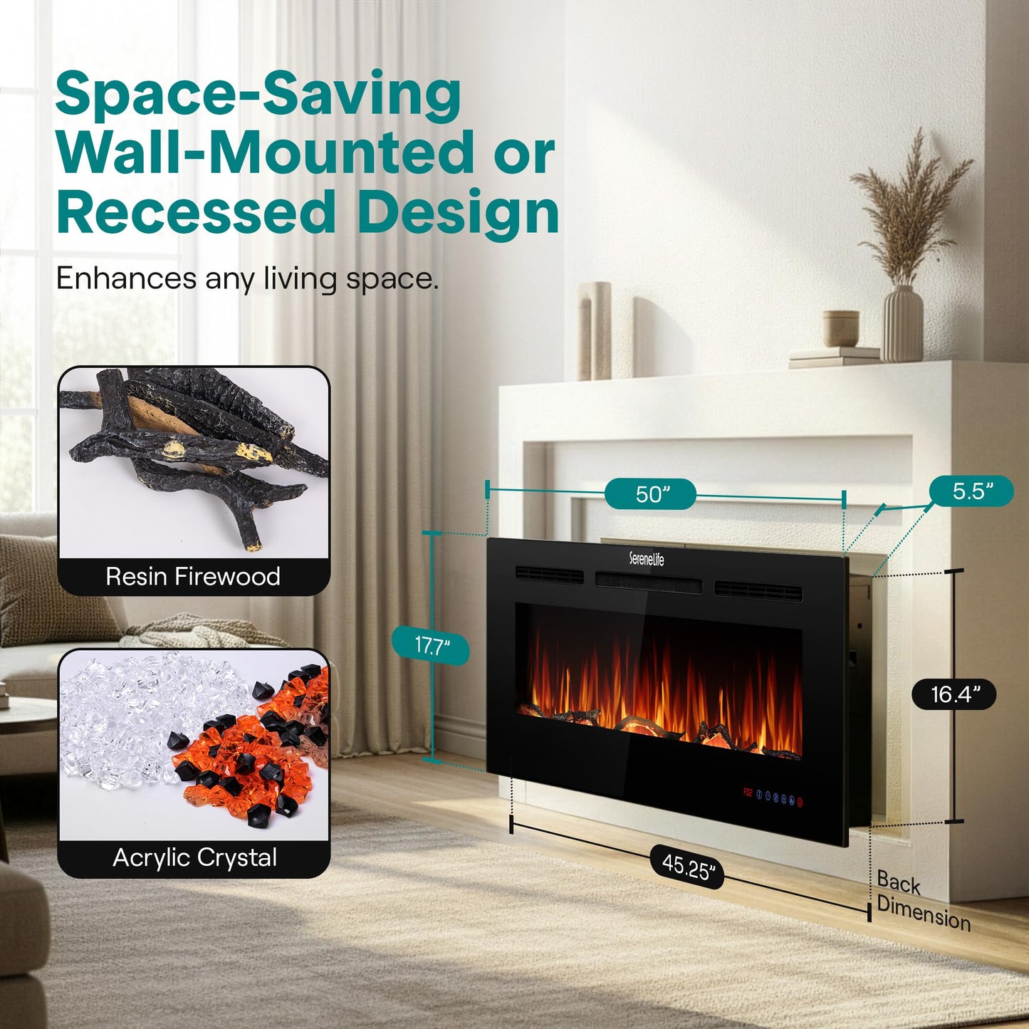 SereneLife 50 inch Electric Fireplace Heater with LED Flame, Smart Wi-Fi, Remote, Thermostat, 13 Color Modes, Recessed or Wall Mounted Fire Place, Quiet Operation, Overheat Protection, Black Frame
