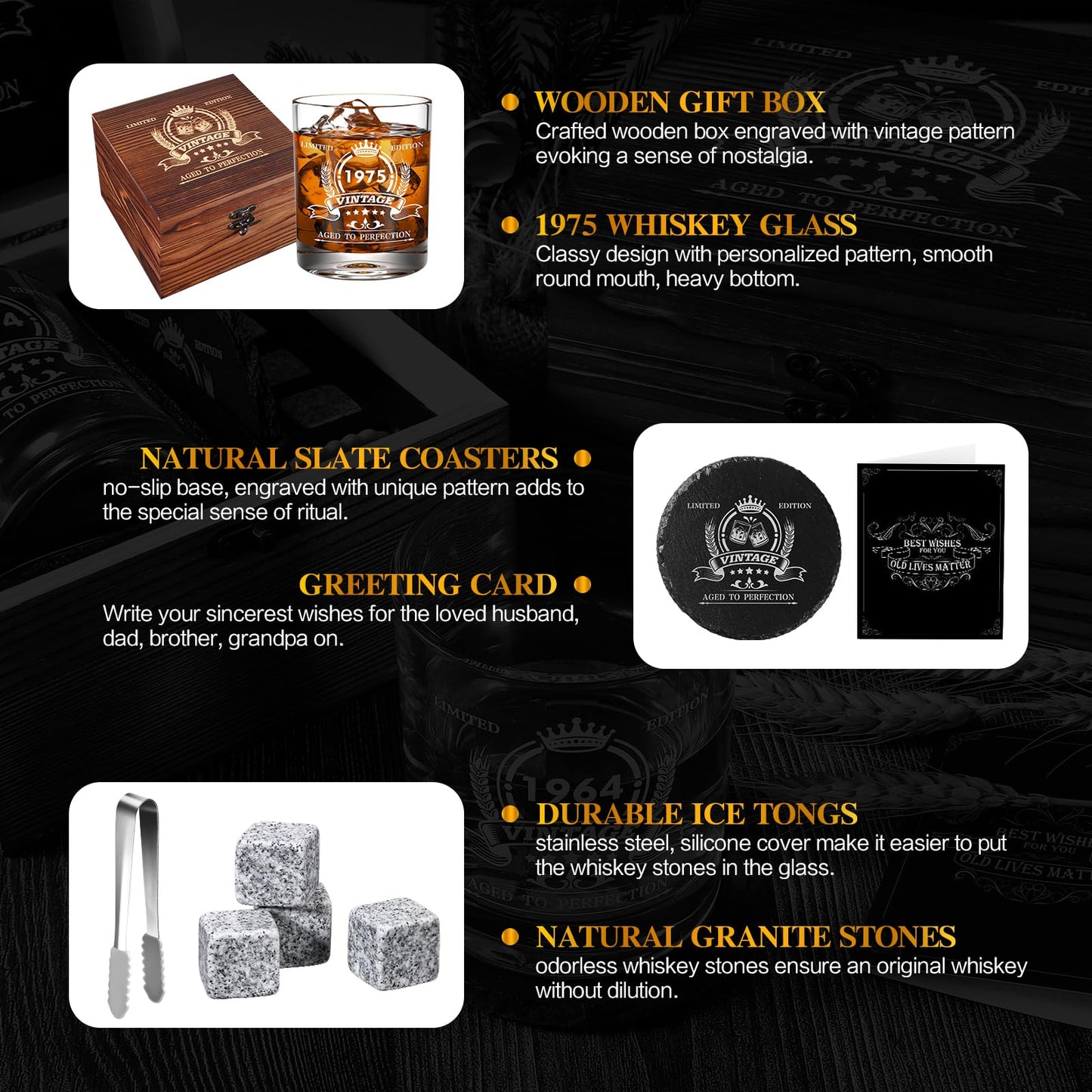 veecom 50th Birthday Gifts for Him, Funny 50th Birthday Gifts for Men, 12oz Whiskey Glasses for Dad, Boss, Brother, Mens 50th Birthday Gift Ideas, Cool Gifts for 50th Birthday Bourbon Gift, Wood Box