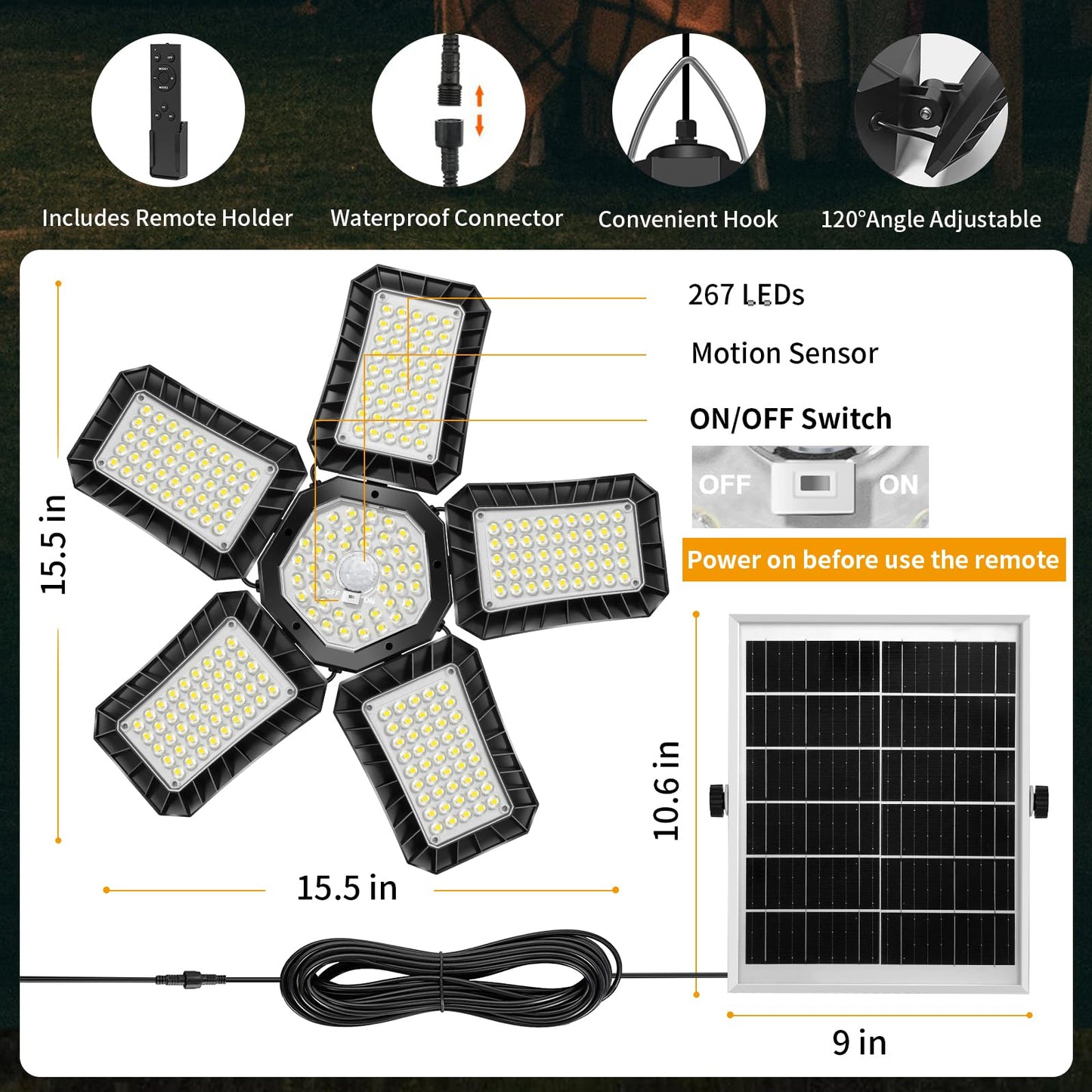 Solar Shed Light Indoor Outdoor, Upgrade Large 267LED Solar Powered Motion Sensor Pendant Light Works Day & Night, Solar Indoor Light with 2 Lighting Modes + Timer & Remote for Shed Gazebo Garage Barn