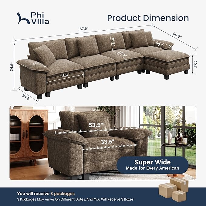 PHI VILLA Cloud Modular Couch Sets, 157.5" Sectional Sofa with L-Shaped Chaise, 5-Seater Upholstered Couches with Movable Ottoman for Living Room, Chenille Fabric, Taupe