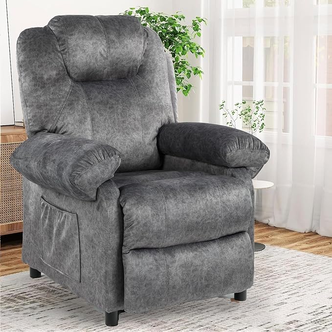 Pushback Massage Recliner Chair with Heat, Fabric Heated Small Massaging Reclining Chair Single Sofa for Adults, Overstuffed Push Back Manual Recliner for Living Room,Grey