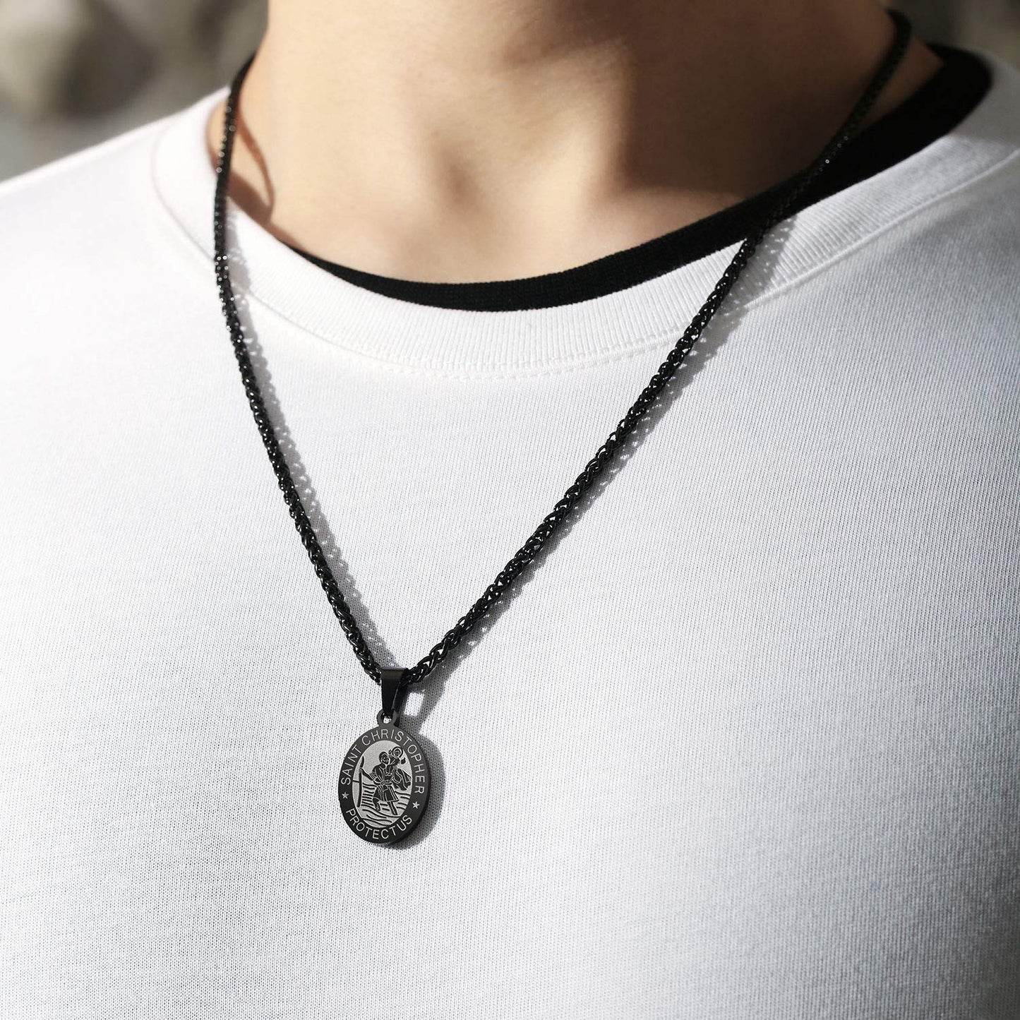 Zocomi Black Saint St Christopher Medal Necklace for Men Boys, St. Patron Pendant Chain Jewelry Catholic Christian Religious Bap
